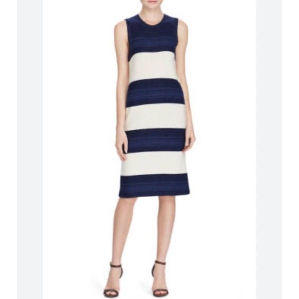 RALPH LAUREN NAVY BLUE WHITE STRIPES Linen Blend Knit JERSEY SHIFT DRESS M